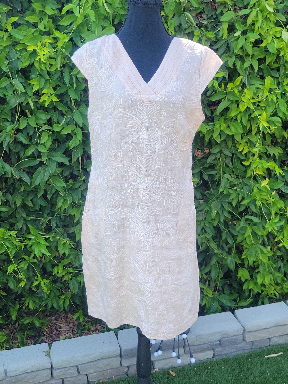 Lina Tomei Peach/Pink Embroidered V-Neck 100% Linen Midi Dress Made In Italy M